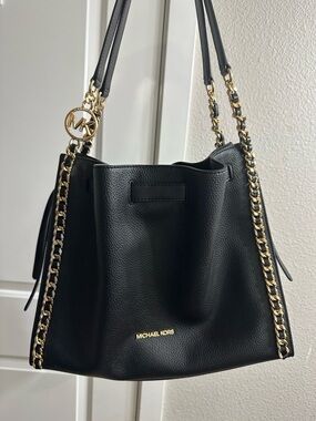 MK Black Leather Shoulder Bag with Gold Chain Trim and matching wallet